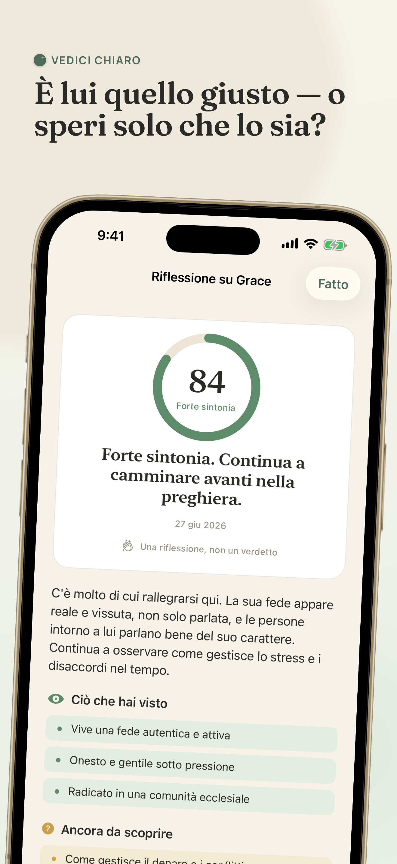 L'app Discern che mostra una riflessione in preghiera su una persona che hai conosciuto